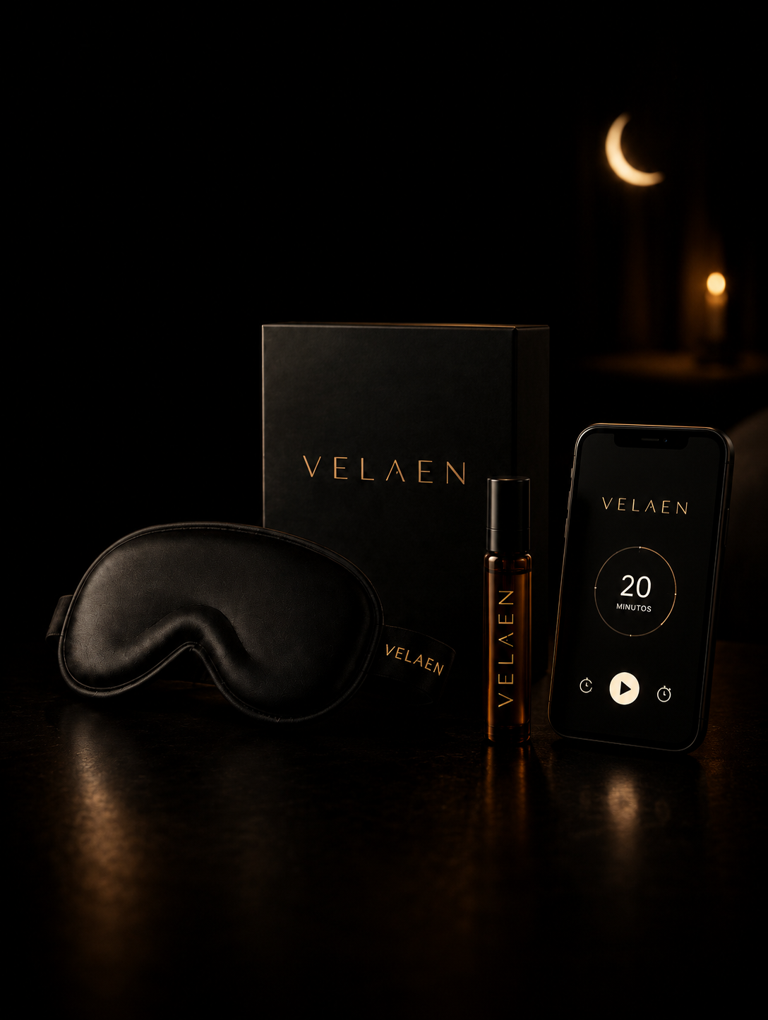 Ritual VELAEN con antifaz 3D con gel, roll-on ámbar y celular como referencia del audio descargable.